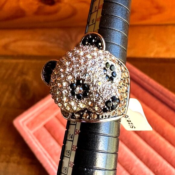 Park Lane Panda Bear Face Crystal Statement Ring Size 6 Silver Tone Rhinestones - Picture 11 of 12